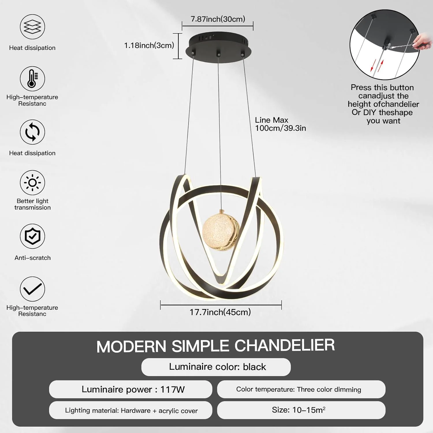 چراغ آویز LED سه رنگ قابل تنظیم YATAI، لوستر آویز مدرن مینیمالیستی، نورپردازی آویز نامنظم 117 واتی، چراغ آویز معاصر قابل تنظیم برای اتاق نشیمن، اتاق غذاخوری، اتاق خواب (مشکی)
