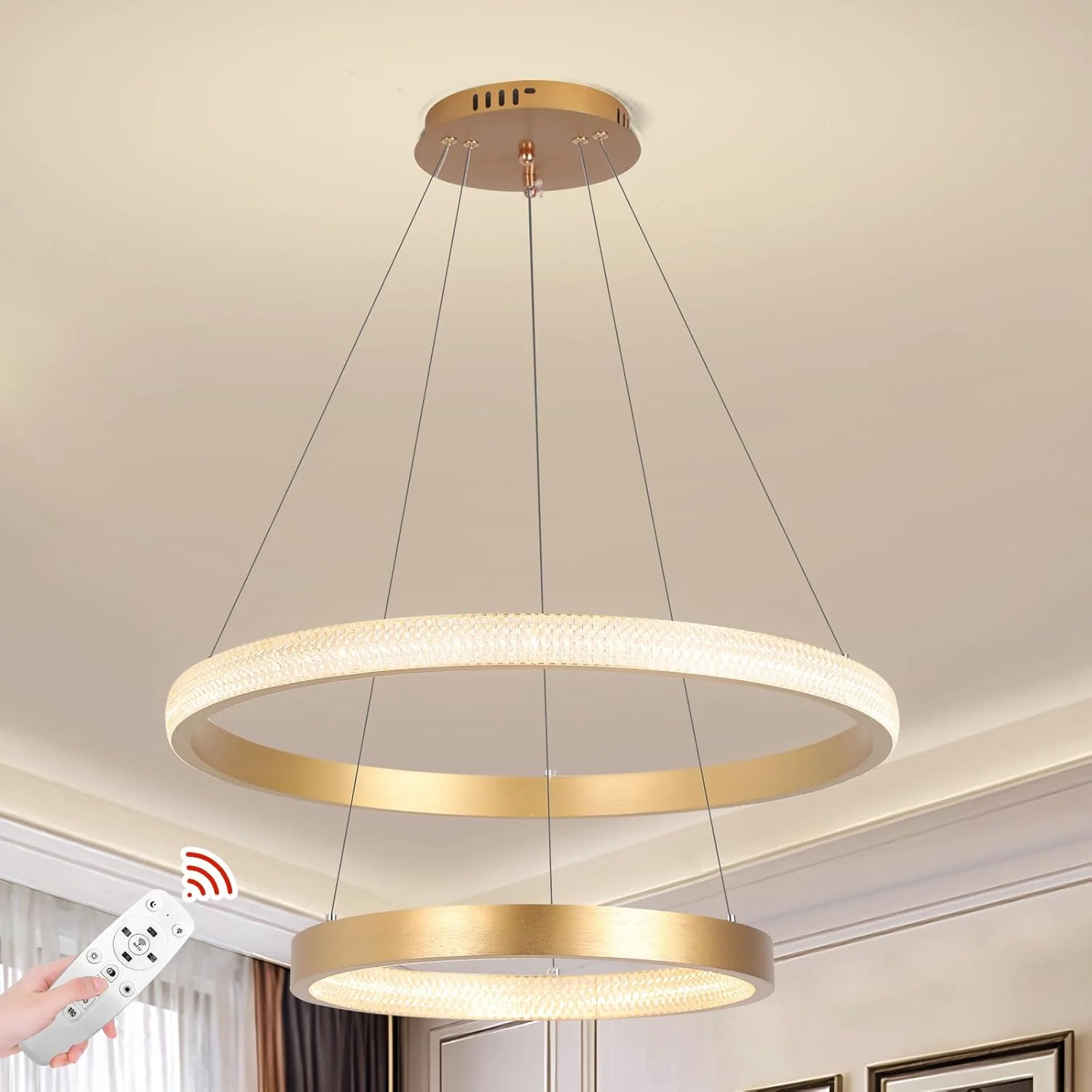 لوستر آویز مدرن LED حلقه‌ای YATAI، لوستر LED سه حلقه‌ای با کنترل از راه دور، لوستر LED مدرن دیمر شونده با سیم قابل تنظیم برای اتاق غذاخوری اتاق نشیمن، 57 وات