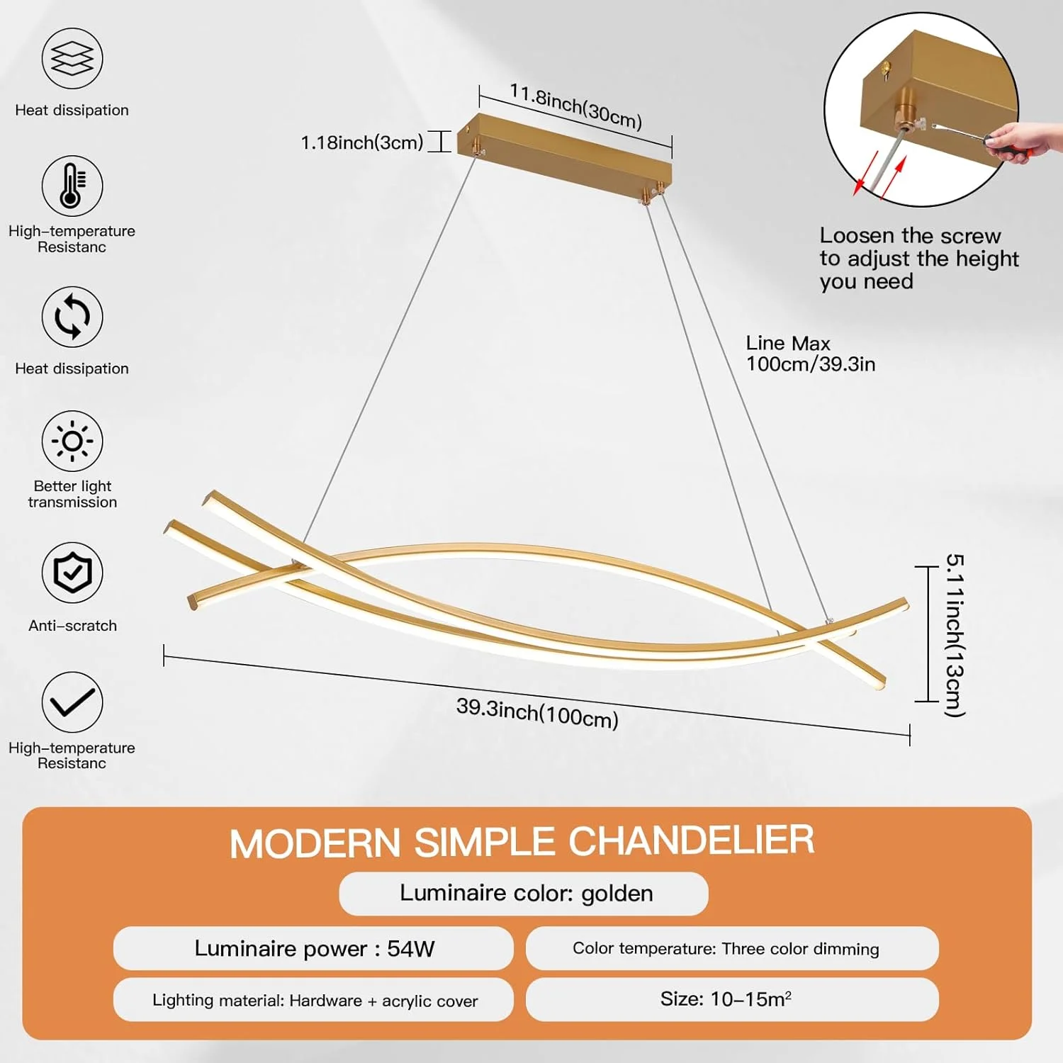 لوستر مدرن YATAI با طراحی خطی و آویز نوار LED، کنترل از راه دور، ارتفاع قابل تنظیم، بدنه فلزی و اکریلیک، مناسب برای اتاق ناهارخوری و جزیره آشپزخانه، 54 وات (طلایی)