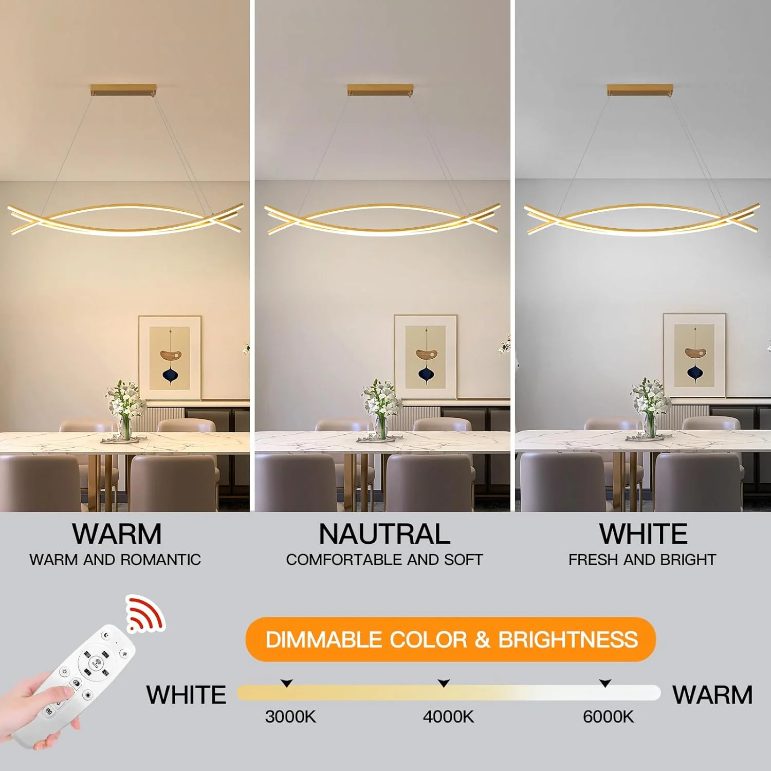 لوستر مدرن YATAI با طراحی خطی و آویز نوار LED، کنترل از راه دور، ارتفاع قابل تنظیم، بدنه فلزی و اکریلیک، مناسب برای اتاق ناهارخوری و جزیره آشپزخانه، 54 وات (طلایی)