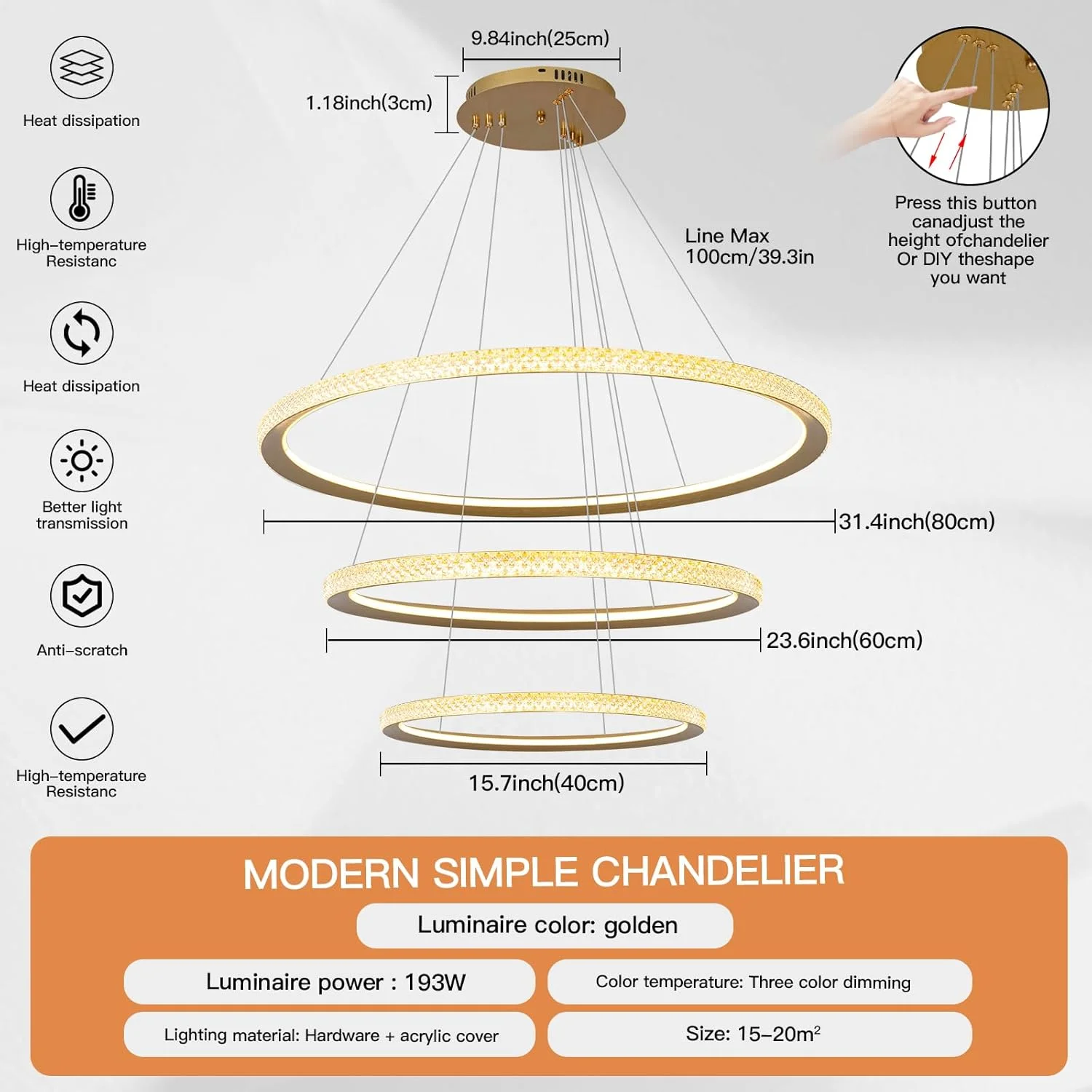 لوستر ال ای دی مدرن یاتای، حلقه طلایی با قابلیت تنظیم ارتفاع و تغییر رنگ، مناسب اتاق ناهارخوری، اتاق نشیمن و اتاق خواب، 193 وات لوستر ال ای دی مدرن یاتای، حلقه طلایی با قابلیت تنظیم ارتفاع و تغییر رنگ، مناسب اتاق ناهارخوری، اتاق نشیمن و اتاق خواب، 193 وات