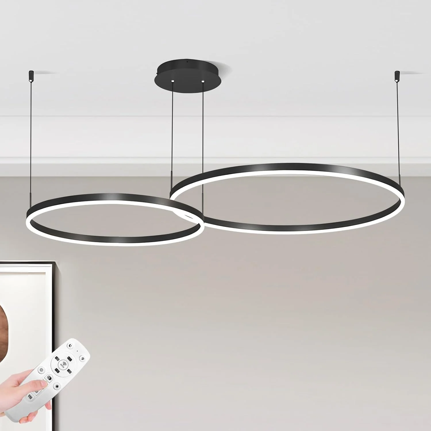 لوستر حلقه ای مدرن LED یاتای، لوستر دو طبقه دیمر پذیر، 57 وات با ارتفاع قابل تنظیم با کنترل از راه دور، 3000K-6000K برای اتاق نشیمن، اتاق خواب و اتاق غذاخوری