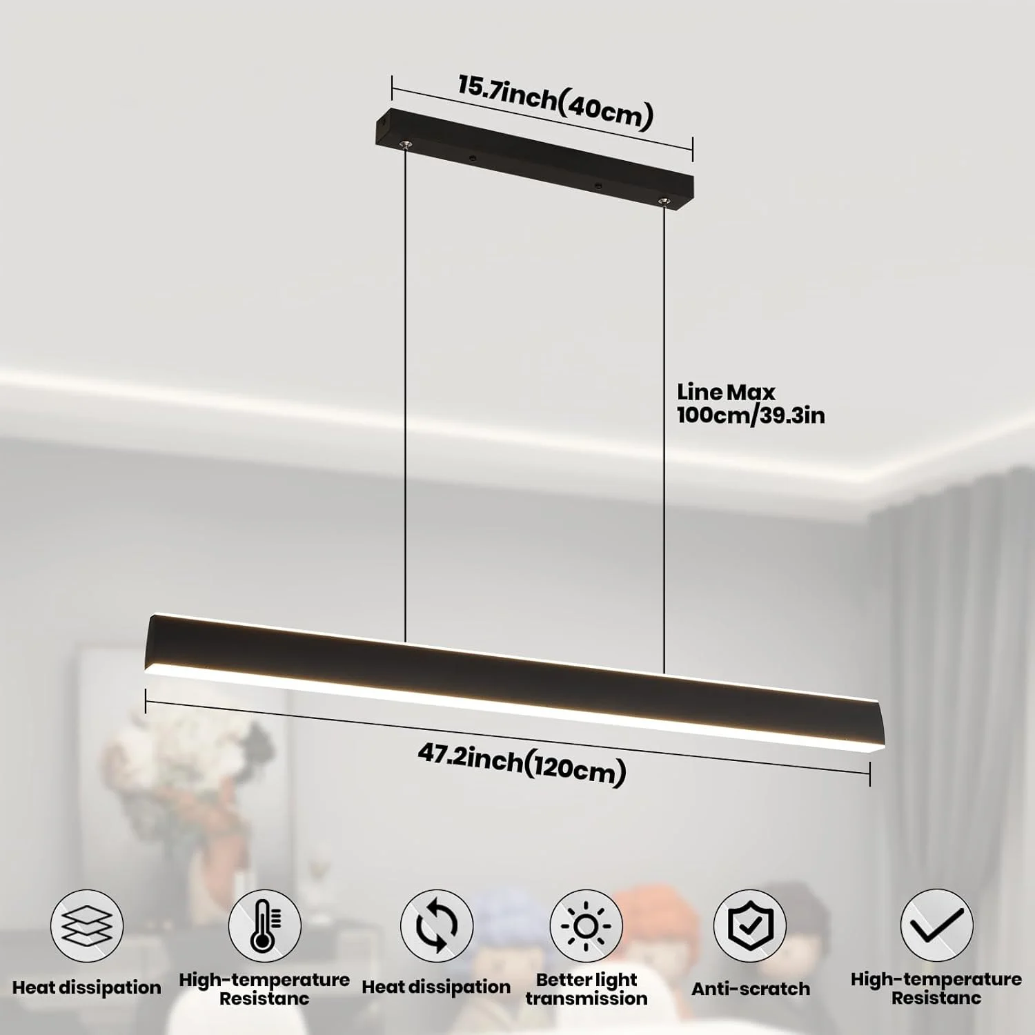لوستر خطی مدرن ال ای دی YATAI، چراغ آویز مشکی 48 وات، طول 120 سانتی متر، دیمر دار با ریموت، سه رنگ نور، سیم قابل تنظیم، برای اتاق غذاخوری، جزیره آشپزخانه، اتاق نشیمن