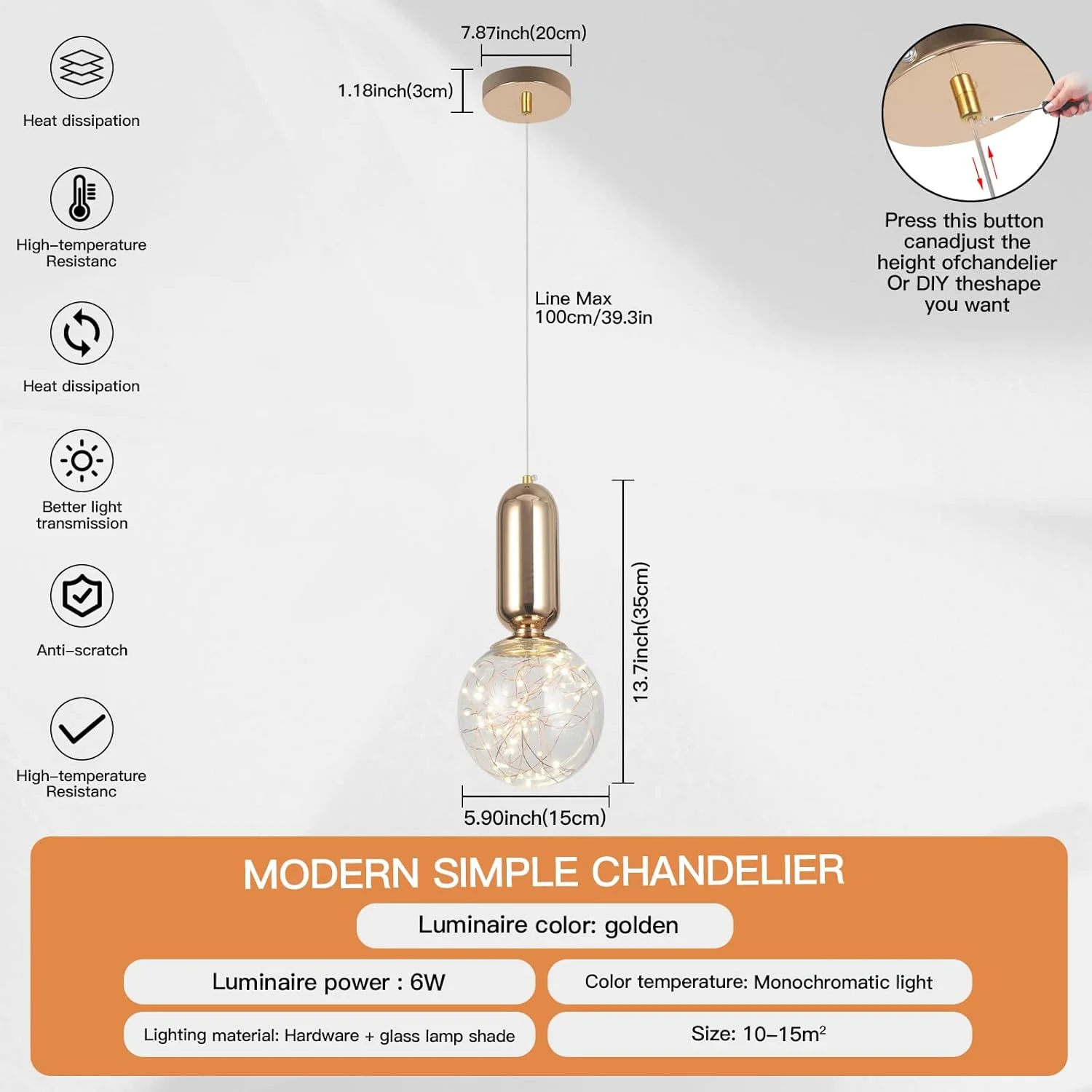 چراغ آویز LED یاتای طرح گل ستاره ای، چراغ سقفی 6 وات با قابلیت تنظیم ارتفاع، چراغ آویز فلزی، چراغ سقفی داخلی برای اتاق خواب و نشیمن 3000-6000K، 6 وات