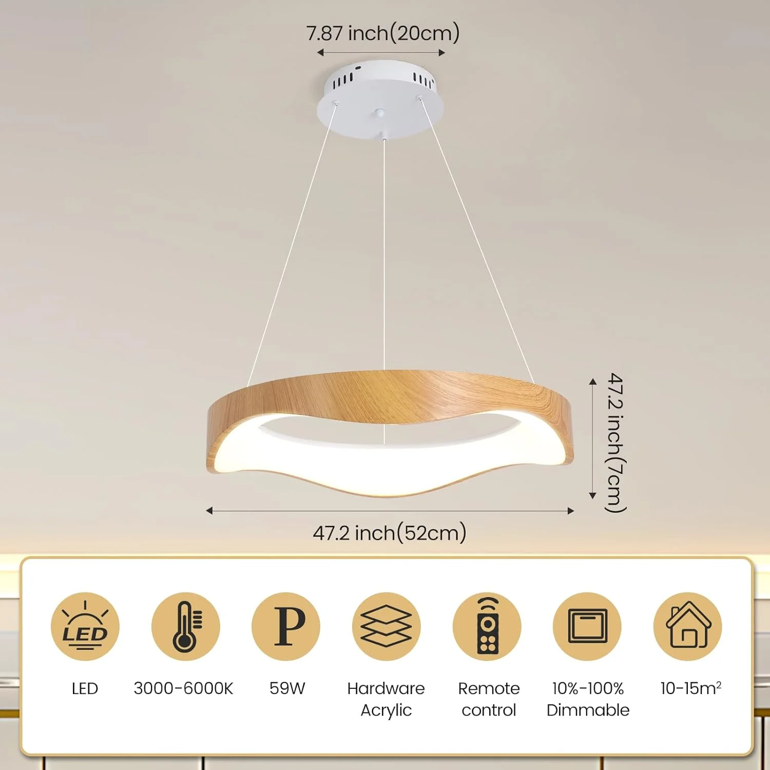 لوستر ال ای دی گرد مدرن سفید با روکش چوب YATAI، چراغ سقفی دیمر پذیر 59 وات با کنترل از راه دور، ارتفاع قابل تنظیم و رنگ 3000K–6000K، برای اتاق غذاخوری، اتاق خواب، اتاق نشیمن، 52 سانتی متر لوستر ال ای دی گرد مدرن سفید با روکش چوب YATAI، چراغ سقفی دیمر پذیر 59 وات با کنترل از راه دور، ارتفاع قابل تنظیم و رنگ 3000K–6000K، برای اتاق غذاخوری، اتاق خواب، اتاق نشیمن، 52 سانتی متر
