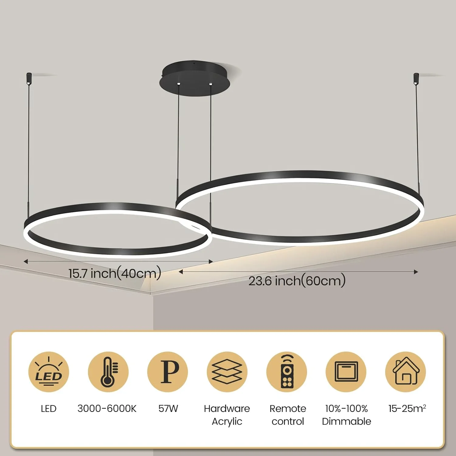 لوستر حلقه ای مدرن LED یاتای، لوستر دو طبقه دیمر پذیر، 57 وات با ارتفاع قابل تنظیم با کنترل از راه دور، 3000K-6000K برای اتاق نشیمن، اتاق خواب و اتاق غذاخوری