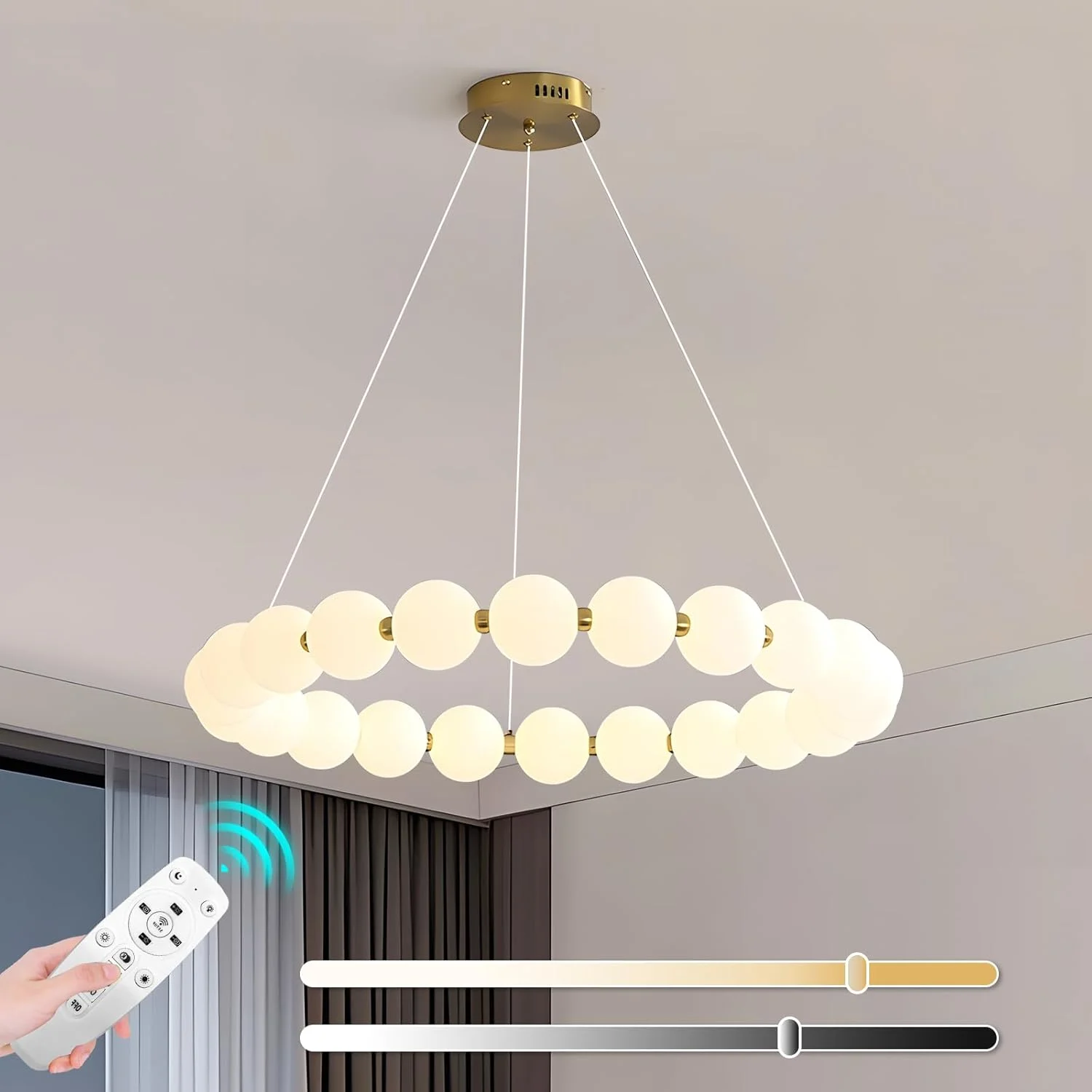 لوستر مدرن LED یاتای، چراغ آویز گرد LED دیمر شونده با ارتفاع قابل تنظیم، روشنایی 30 واتی گوی های مات آکریلیک با کنترل از راه دور برای اتاق ناهارخوری، اتاق نشیمن، راهرو و اتاق مطالعه