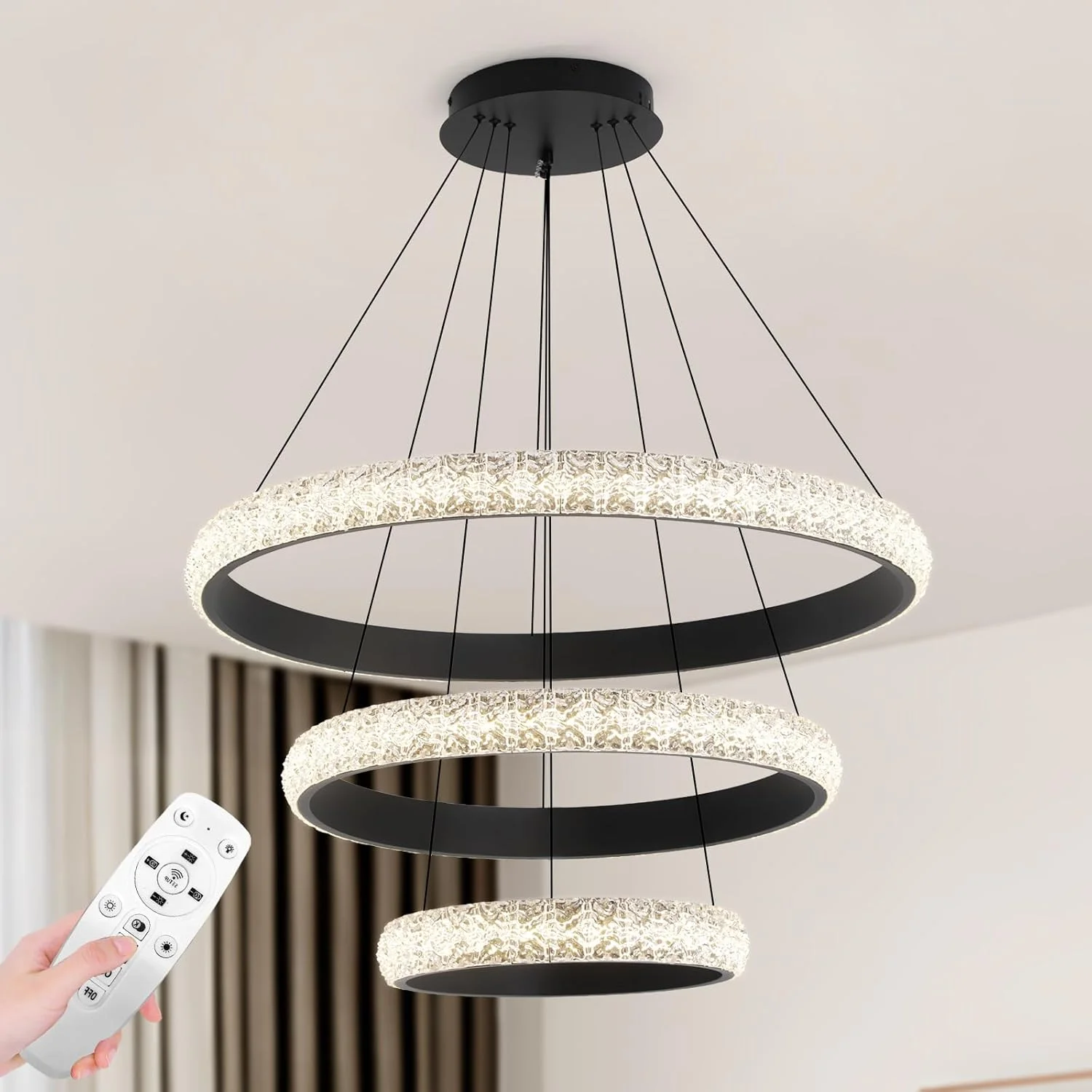 لوستر مدرن 3 حلقه ای LED یاتای 102 وات، دیمر دار با ریموت کنترل، ارتفاع قابل تنظیم، نور سقفی آکریلیک مشکی 3000K-6000K برای اتاق نشیمن، اتاق خواب، کتابخانه و اتاق طراحی