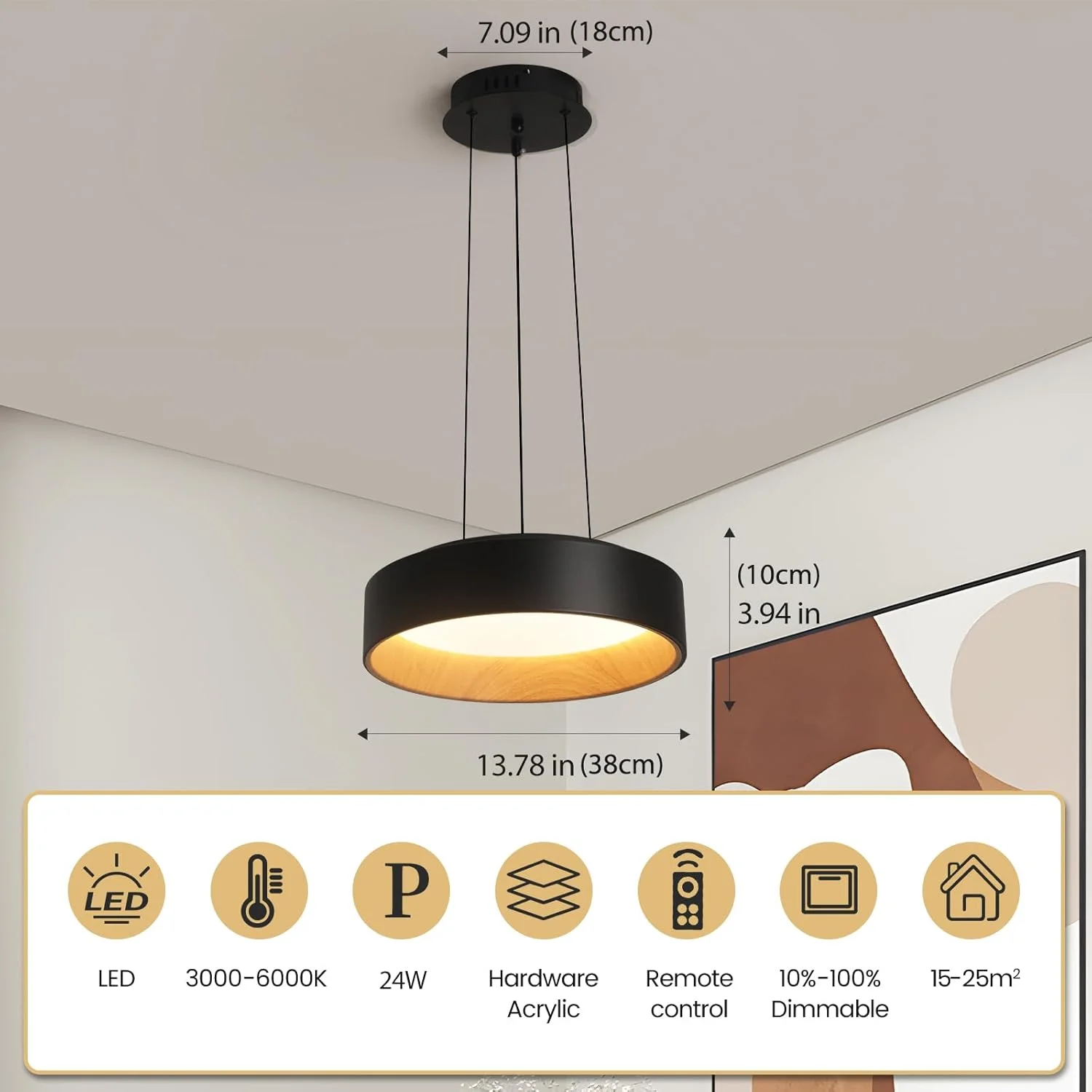 لوستر مدرن LED گرد مشکی YATAI، چراغ سقفی 24 وات دیمر شونده، لوستر با ارتفاع قابل تنظیم با کنترل از راه دور، ایده آل برای اتاق خواب، اتاق غذاخوری و اتاق نشیمن لوستر مدرن LED گرد مشکی YATAI، چراغ سقفی 24 وات دیمر شونده، لوستر با ارتفاع قابل تنظیم با کنترل از راه دور، ایده آل برای اتاق خواب، اتاق غذاخوری و اتاق نشیمن