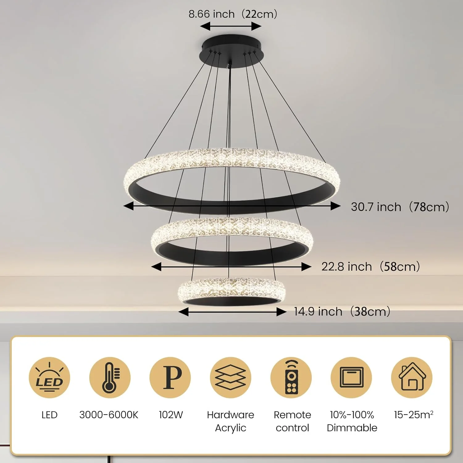 لوستر مدرن 3 حلقه ای LED یاتای 102 وات، دیمر دار با ریموت کنترل، ارتفاع قابل تنظیم، نور سقفی آکریلیک مشکی 3000K-6000K برای اتاق نشیمن، اتاق خواب، کتابخانه و اتاق طراحی لوستر مدرن 3 حلقه ای LED یاتای 102 وات، دیمر دار با ریموت کنترل، ارتفاع قابل تنظیم، نور سقفی آکریلیک مشکی 3000K-6000K برای اتاق نشیمن، اتاق خواب، کتابخانه و اتاق طراحی