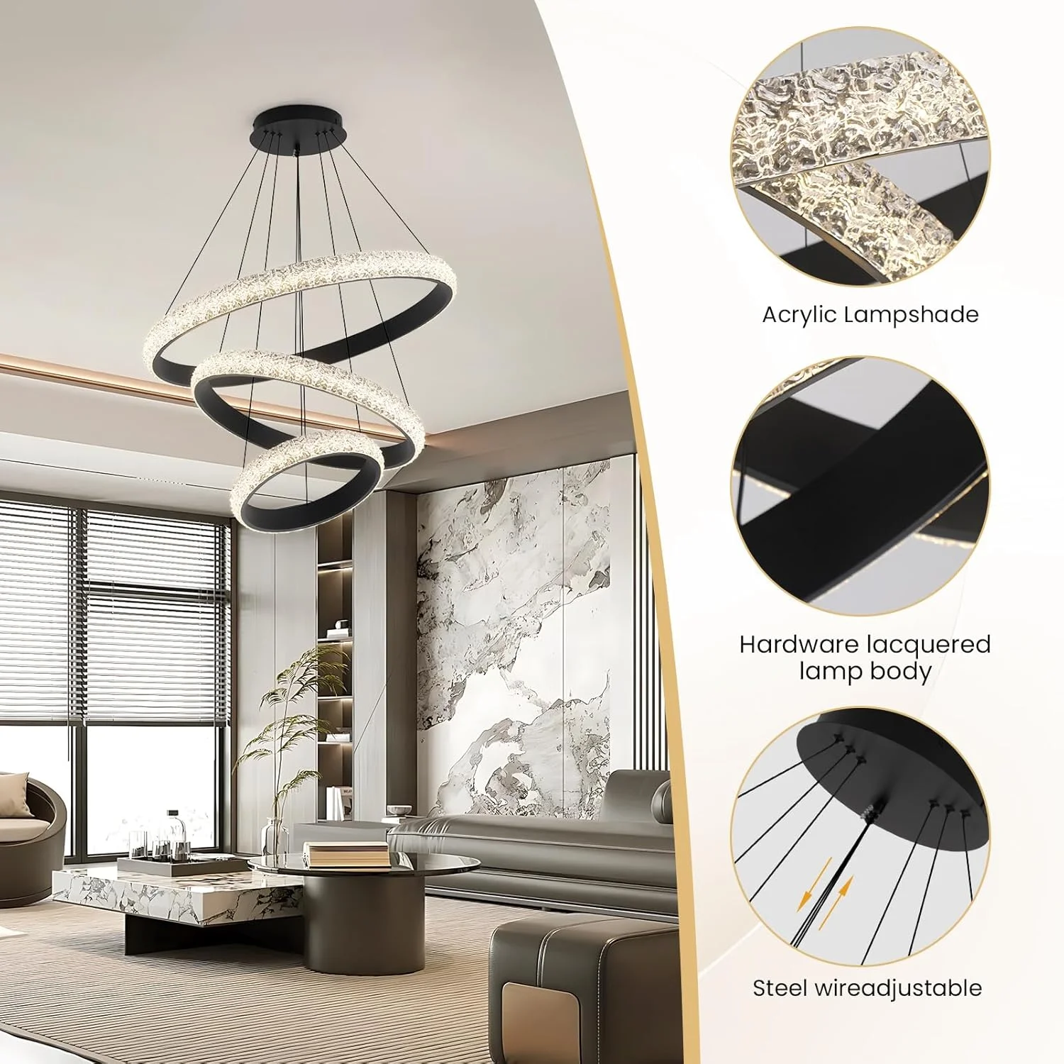 لوستر مدرن 3 حلقه ای LED یاتای 102 وات، دیمر دار با ریموت کنترل، ارتفاع قابل تنظیم، نور سقفی آکریلیک مشکی 3000K-6000K برای اتاق نشیمن، اتاق خواب، کتابخانه و اتاق طراحی لوستر مدرن 3 حلقه ای LED یاتای 102 وات، دیمر دار با ریموت کنترل، ارتفاع قابل تنظیم، نور سقفی آکریلیک مشکی 3000K-6000K برای اتاق نشیمن، اتاق خواب، کتابخانه و اتاق طراحی