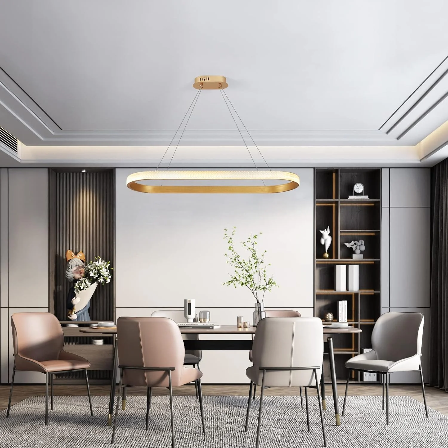 لوستر ال ای دی بیضی طلایی YATAI، چراغ آویز مدرن 40 وات با قابلیت تنظیم ارتفاع و کنترل از راه دور، دارای سه رنگ نور (3000K-6000K)، ارتفاع قابل تنظیم برای اتاق ناهارخوری، اتاق خواب، اتاق نشیمن، طول 90 سانتی متر