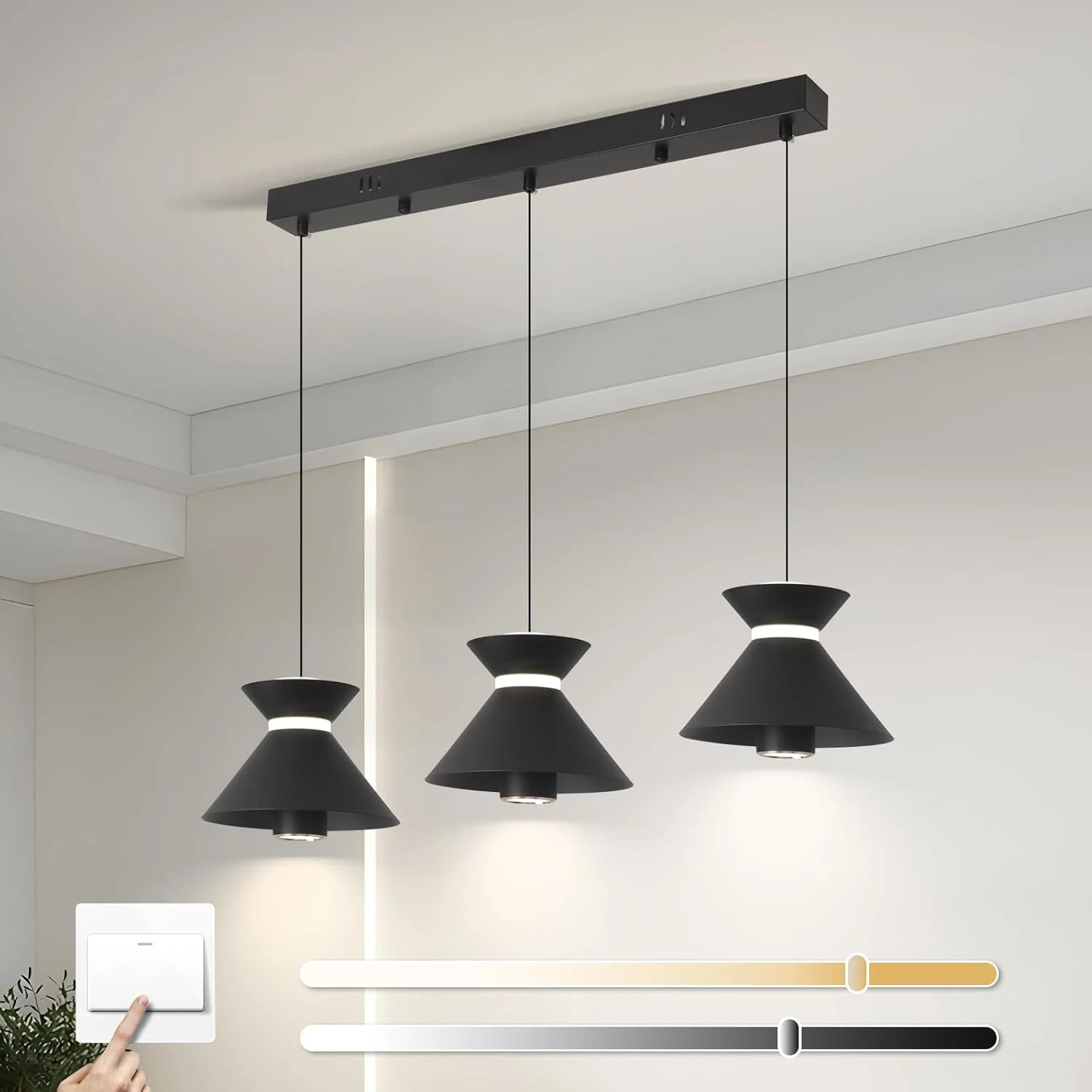 چراغ آویز مدرن LED یاتای، لوستر مخروطی شکل با ارتفاع قابل تنظیم 30 وات، نورپردازی با کنترل سوئیچ (4500K)، طراحی مینیمالیستی مشکی برای اتاق غذاخوری، جزیره آشپزخانه، 10-20 متر مربع