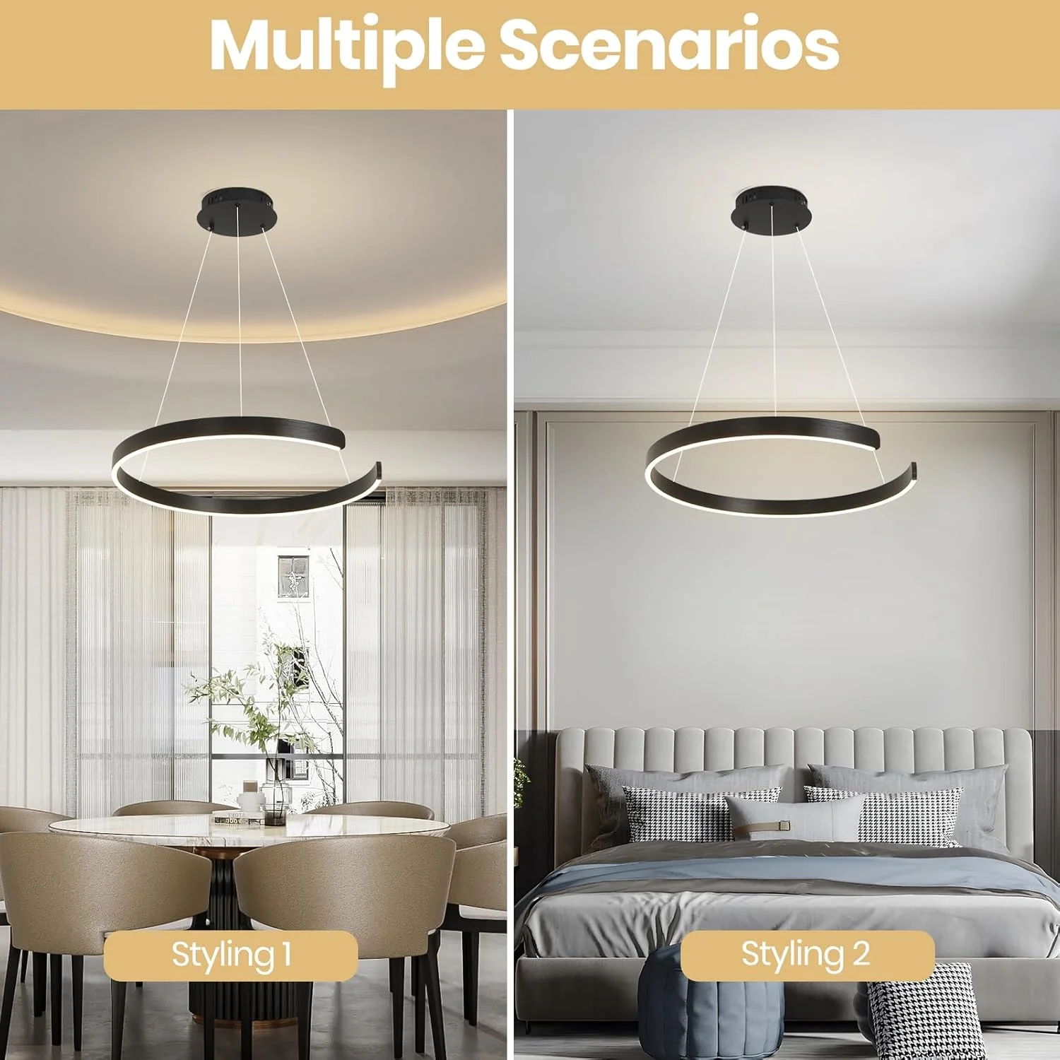 لوستر ال ای دی گرد مشکی YATAI، 20 وات، چراغ آویز مدرن قابل تنظیم با کنترل از راه دور، کم نور کننده 3 رنگ (3000K-6000K)، ارتفاع قابل تنظیم برای اتاق ناهار خوری، اتاق خواب، اتاق نشیمن، قطر 60 سانتی متر