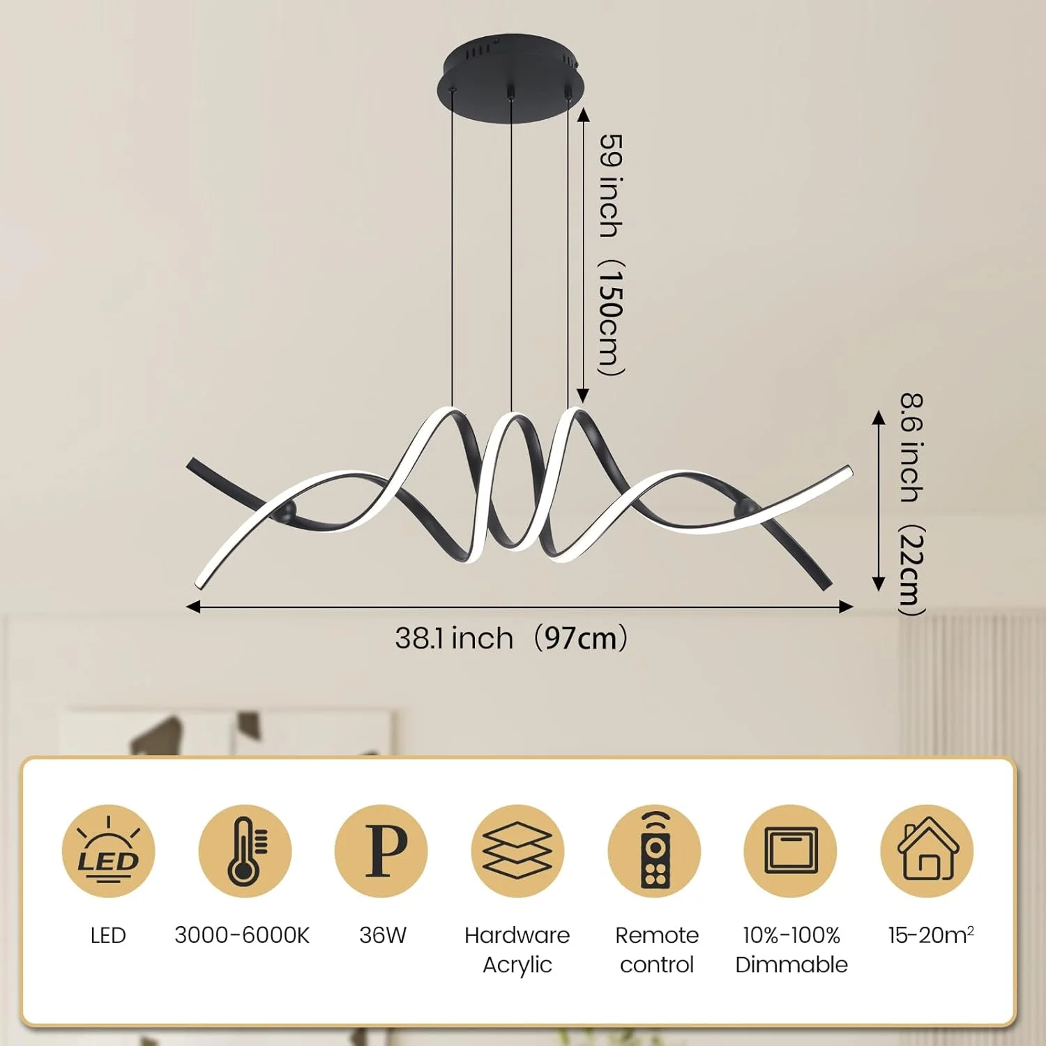 لوستر مدرن ال ای دی خطی و موجی YATAI، ارتفاع قابل تنظیم 97 سانتی متر، 36 وات با قابلیت تنظیم 3 رنگ (3000K-6000K) به همراه کنترل از راه دور برای اتاق ناهارخوری، جزیره آشپزخانه و اتاق نشیمن