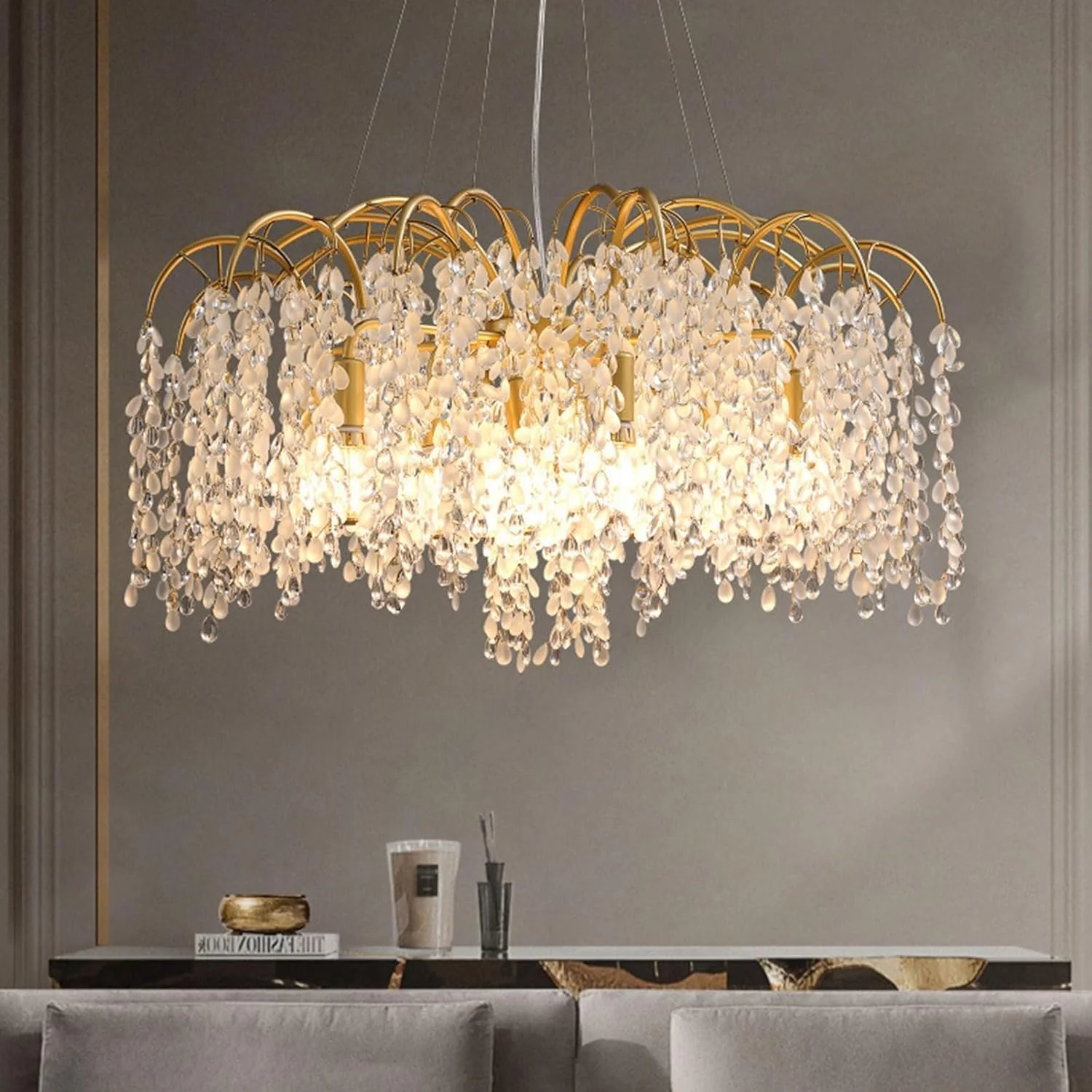 لوستر شاخه درختی مدرن، چراغ آویز کریستالی طلایی لوکس، چراغ آویز سقفی بلند قابل تنظیم، دکور مدرن، تک رنگ - 80 سانتی متر