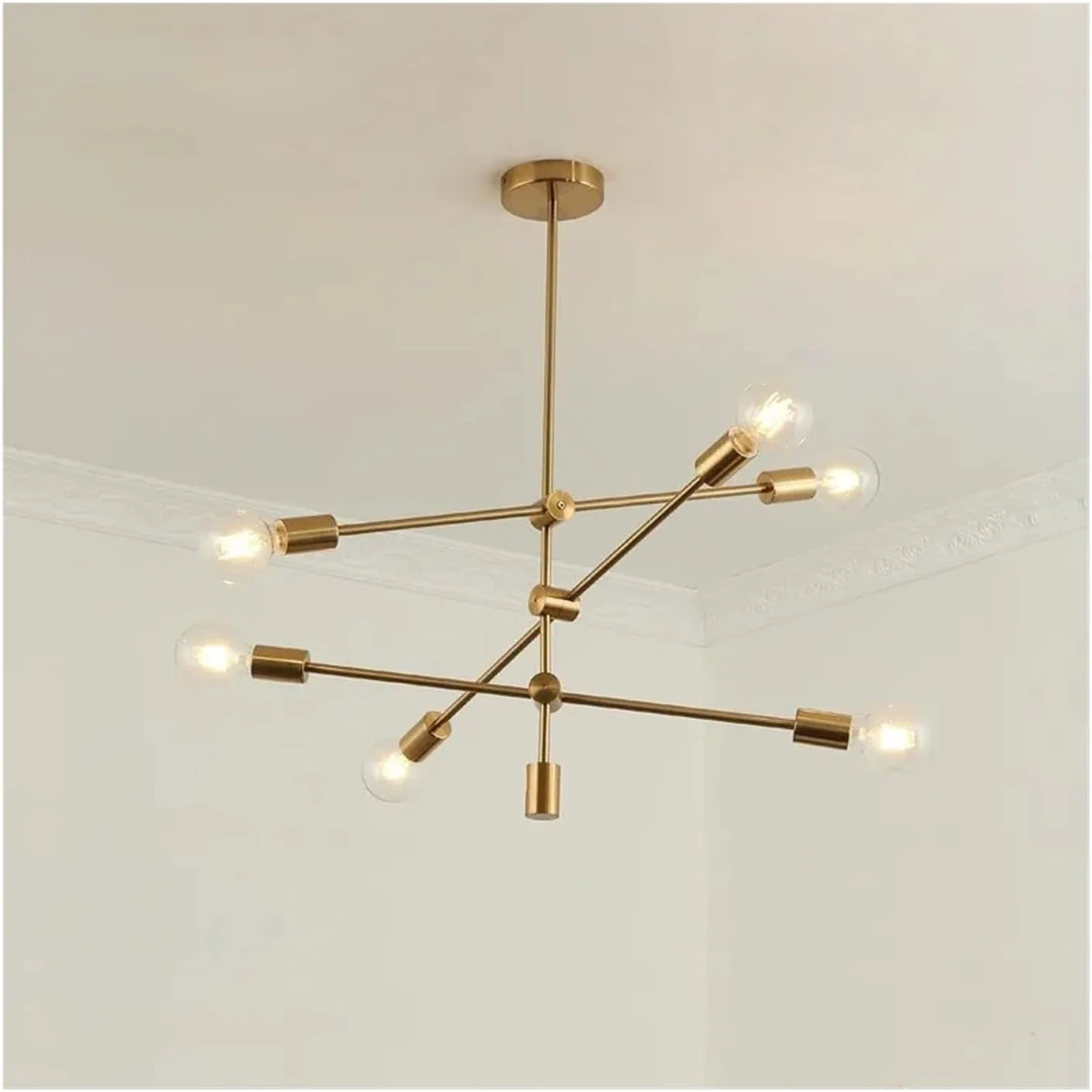 لوستر مدرن شاخه ای، لوستر آرت دکو میله ای بلند E27 - مناسب اتاق خواب، اتاق غذاخوری، اتاق نشیمن، چراغ لوبیای سحرآمیز، چراغ های اتاق نشیمن، بدون لامپ - طلایی - 6 شاخه