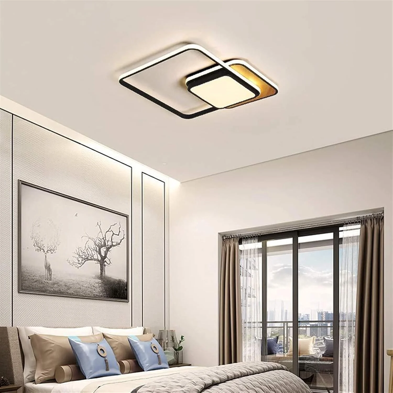 لوستر مدرن مینیمالیستی سیاه هندسی جنس آهن فرفورژه لوستر رستورانی 55cm*55cm*6cm چراغ سقفی روشنایی لامپ کافه بار ایوان رستوران اتاق خواب مطالعه اتاق نشیمن نور گرم