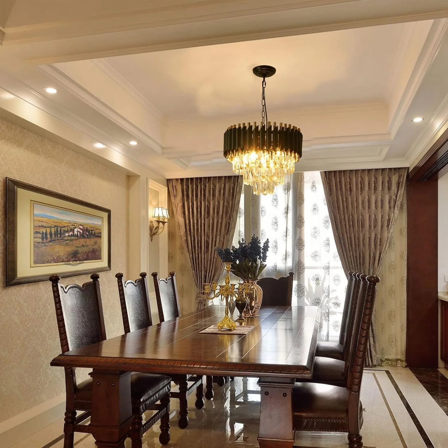 لوستر مدرن کریستالی طلایی مشکی، لوستر کریستالی 3 طبقه گرد، چراغ سقفی کریستالی، چراغ آویز کریستالی برای اتاق غذاخوری (سایز 400 میلی متر)، (لامپ شامل نمی شود)