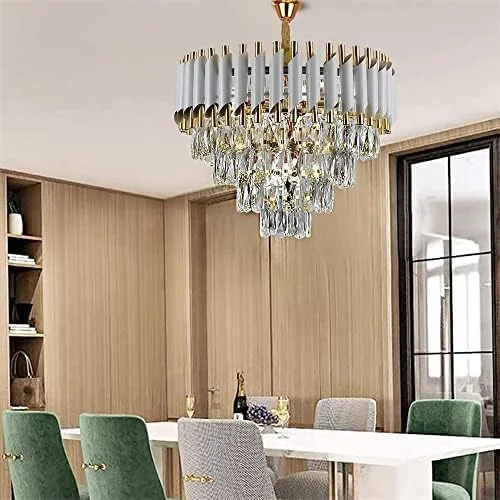 لوسترهای کریستالی مدرن سفید+طلایی، لوستر کریستالی 3 طبقه گرد، چراغ سقفی لوستر کریستالی آویز برای اتاق ناهارخوری (سایز 400MM)، (لامپ شامل نمی شود)