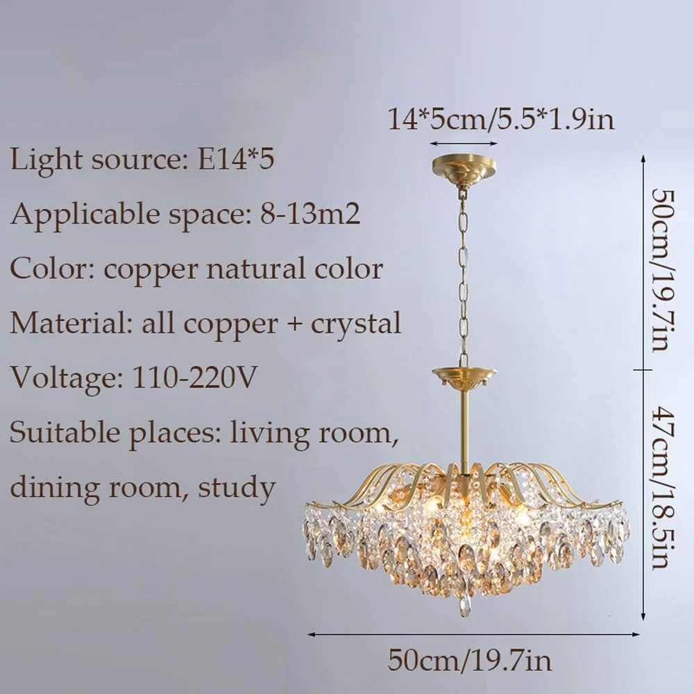 لوستر کریستالی مدرن 4/5 شعله E14 آویز برنجی سقفی با روکش طلایی، مناسب برای اتاق خواب، نشیمن، اتاق غذاخوری، دکور مدرن، یک رنگ - 50 * 47 سانتی متر