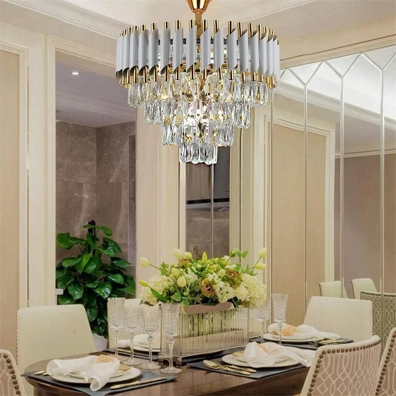 لوسترهای کریستالی مدرن سفید+طلایی، لوستر کریستالی 3 طبقه گرد، چراغ سقفی لوستر کریستالی آویز برای اتاق ناهارخوری (سایز 400MM)، (لامپ شامل نمی شود)