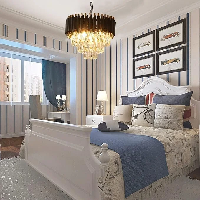 لوستر مدرن کریستالی طلایی مشکی، لوستر کریستالی 3 طبقه گرد، چراغ سقفی کریستالی، چراغ آویز کریستالی برای اتاق غذاخوری (سایز 400 میلی متر)، (لامپ شامل نمی شود)