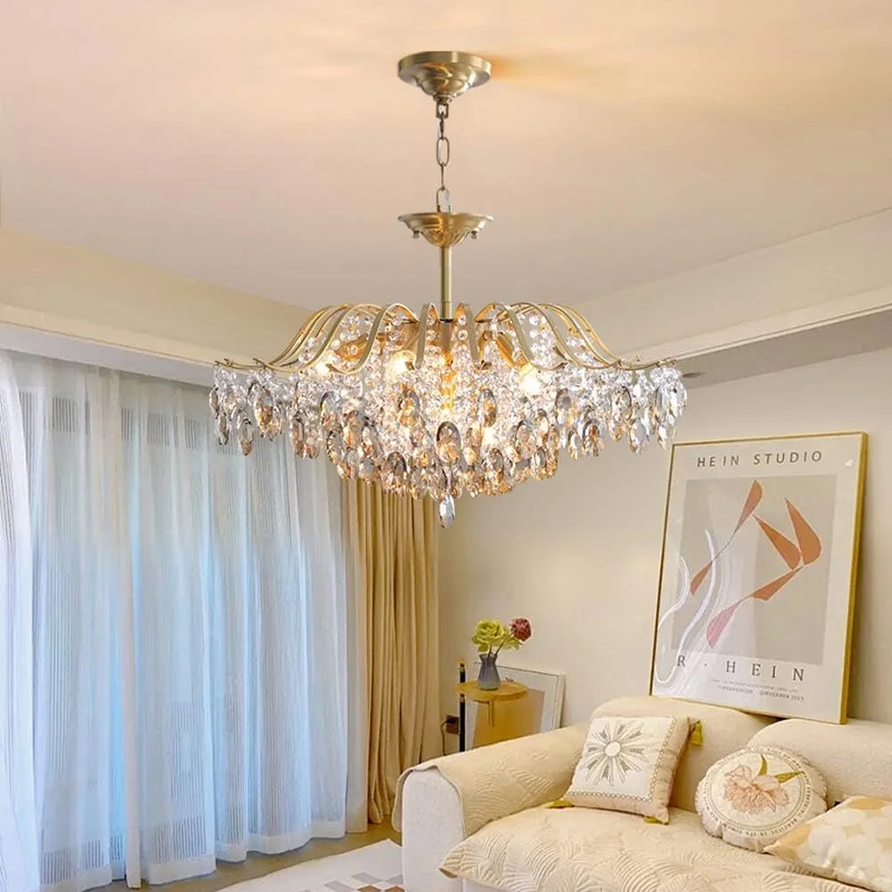 لوستر کریستالی مدرن 4/5 شعله E14 آویز برنجی سقفی با روکش طلایی، مناسب برای اتاق خواب، نشیمن، اتاق غذاخوری، دکور مدرن، یک رنگ - 50 * 47 سانتی متر