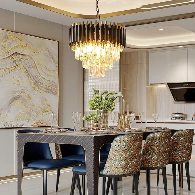 لوستر مدرن کریستالی طلایی مشکی، لوستر کریستالی 3 طبقه گرد، چراغ سقفی کریستالی، چراغ آویز کریستالی برای اتاق غذاخوری (سایز 400 میلی متر)، (لامپ شامل نمی شود)