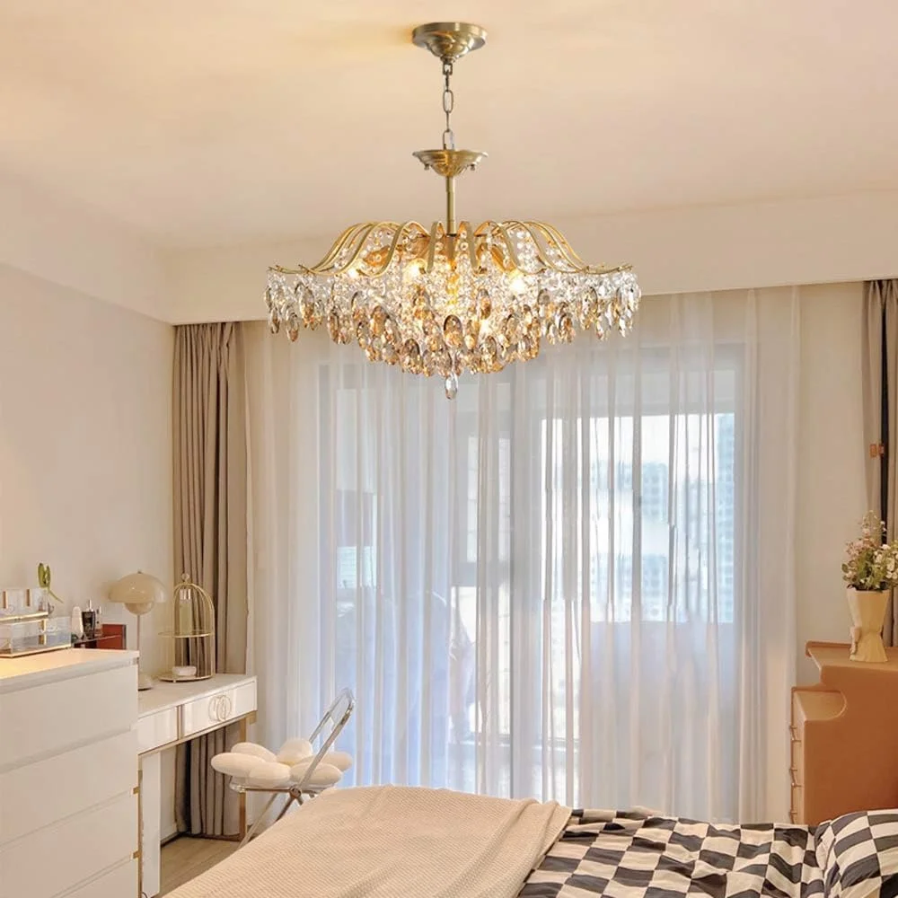 لوستر کریستالی مدرن 4/5 شعله E14 آویز برنجی سقفی با روکش طلایی، مناسب برای اتاق خواب، نشیمن، اتاق غذاخوری، دکور مدرن، یک رنگ - 50 * 47 سانتی متر
