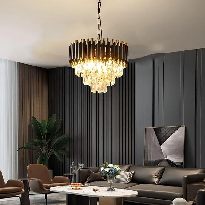لوستر مدرن کریستالی طلایی مشکی، لوستر کریستالی 3 طبقه گرد، چراغ سقفی کریستالی، چراغ آویز کریستالی برای اتاق غذاخوری (سایز 400 میلی متر)، (لامپ شامل نمی شود)