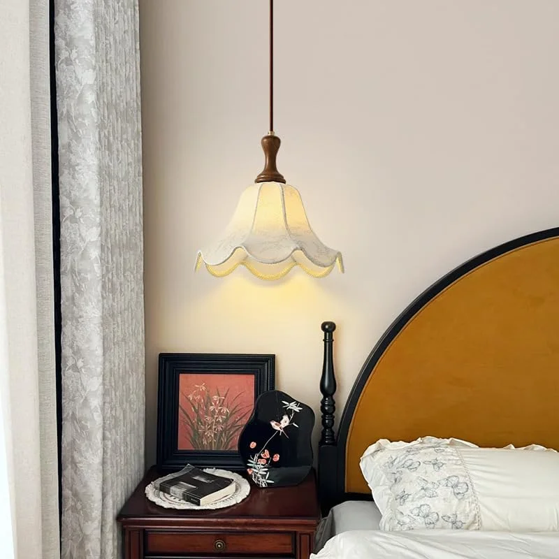چراغ آویز گلدار به سبک فرانسوی وینتیج - چراغ آویز پارچه ای و چوبی اواسط قرن برای جزیره آشپزخانه، اتاق غذاخوری، نشیمن و اتاق خواب