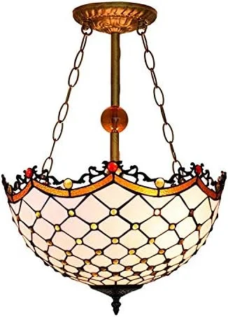 چراغ آویز دست ساز به سبک تیفانی، شیشه رنگی باروک سفید قطر 40 سانتی متر، چراغ سقفی اتاق نشیمن و اتاق خواب