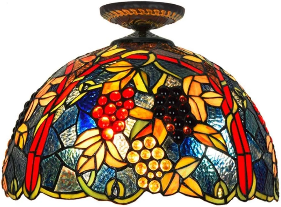 چراغ سقفی دست ساز به سبک تیفانی با شیشه رنگی انگور 17 اینچی، چراغ سقفی وینتیج روستیک برای راهرو ورودی، بالکن، روشنایی سقفی، E27، 40W