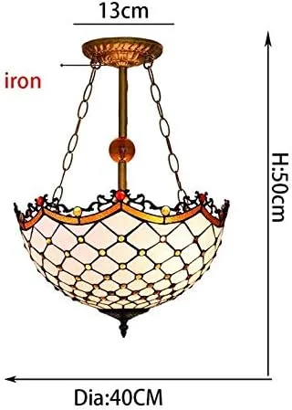 چراغ آویز دست ساز به سبک تیفانی، شیشه رنگی باروک سفید قطر 40 سانتی متر، چراغ سقفی اتاق نشیمن و اتاق خواب