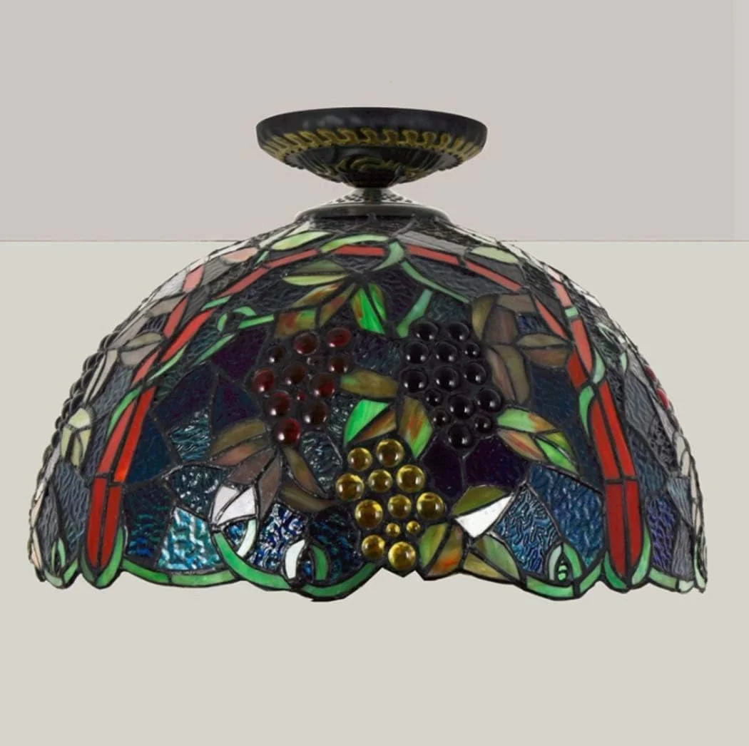 چراغ سقفی دست ساز به سبک تیفانی با شیشه رنگی انگور 17 اینچی، چراغ سقفی وینتیج روستیک برای راهرو ورودی، بالکن، روشنایی سقفی، E27، 40W