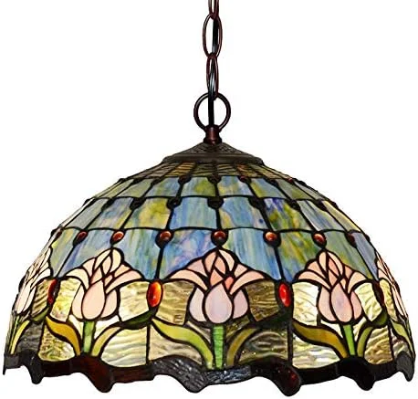 چراغ آویز سقفی دو شاخه به سبک تیفانی ویکتوریایی با سایه 16 اینچی، چند رنگ