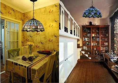 چراغ آویز سقفی دو شاخه به سبک تیفانی ویکتوریایی با سایه 16 اینچی، چند رنگ