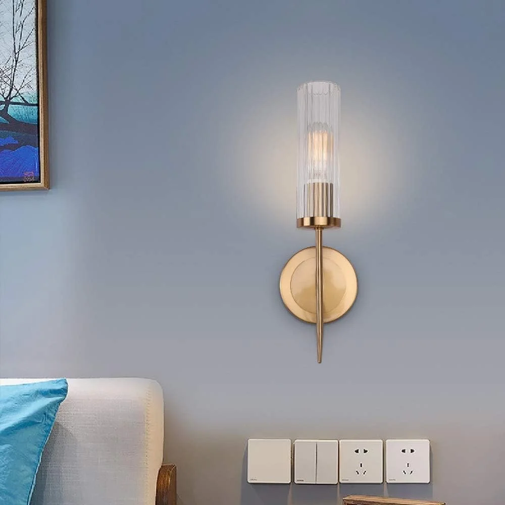چراغ دیواری تک شعله طلایی مدرن AFN LIGHTINGS با حباب شیشه ای استوانه ای شفاف، چراغ دیواری برنجی برس خورده وینتیج مناسب حمام، راهرو، آشپزخانه - طلایی 12x40 سانتی متر (5x16 اینچ)