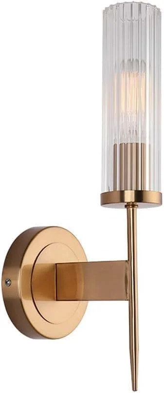 چراغ دیواری تک شعله طلایی مدرن AFN LIGHTINGS با حباب شیشه ای استوانه ای شفاف، چراغ دیواری برنجی برس خورده وینتیج مناسب حمام، راهرو، آشپزخانه - طلایی 12x40 سانتی متر (5x16 اینچ) چراغ دیواری تک شعله طلایی مدرن AFN LIGHTINGS با حباب شیشه ای استوانه ای شفاف، چراغ دیواری برنجی برس خورده وینتیج مناسب حمام، راهرو، آشپزخانه - طلایی 12x40 سانتی متر (5x16 اینچ)