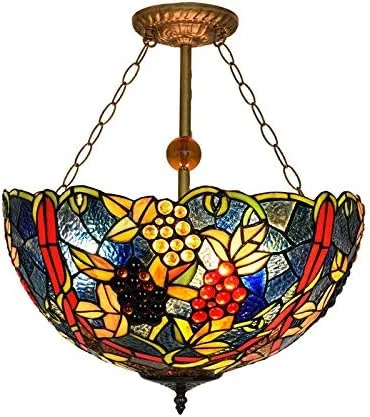 چراغ آویز سقفی سه شاخه طرح تیفانی، سبک ویکتوریایی، طرح انگور، مدل وارونه، با سرپیچ E27
