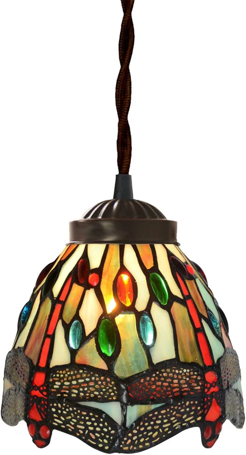 چراغ آویز طرح تیفانی با عرض 7 اینچ، مدل آویز سنجاقک چراغ آویز شیشه ای رنگی دکوراتیو، روشنایی سقفی با طراحی وینتج برای اتاق نشیمن، اتاق غذاخوری، راهرو، بالکن، سرپیچ E27