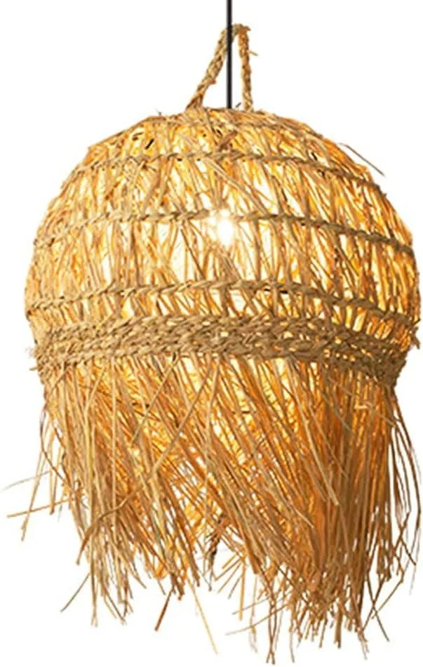 چراغ آویز به سبک روستیک با سایه بان حصیری، لوستر سبد حصیری تک لامپه مناسب فضای خانه روستایی، لوستر قفس بافته شده از جنس راتان مناسب اتاق خواب، چراغ سقفی