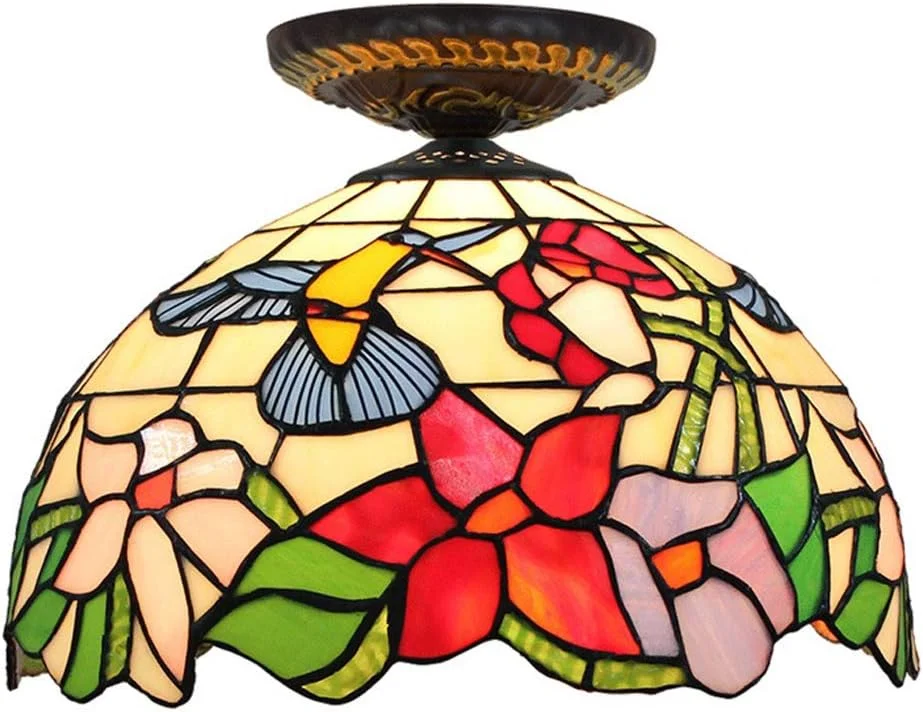 چراغ سقفی نیمه فلاش تیفانی استایل، چراغ سقفی شیشه ای پرنده طرح روستایی، لوستر ال ای دی اروپایی دست ساز عتیقه و قدیمی برای آشپزخانه، اتاق خواب، حمام