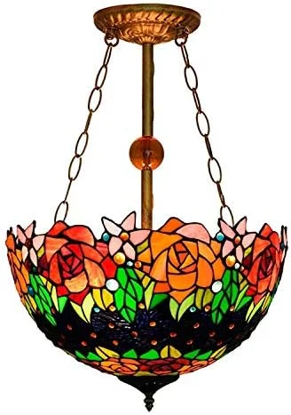 لوستر آویز سبک تیفانی طرح گل رز قرمز 16 اینچی، مناسب اتاق نشیمن، رستوران، ایوان، راهرو و بالکن