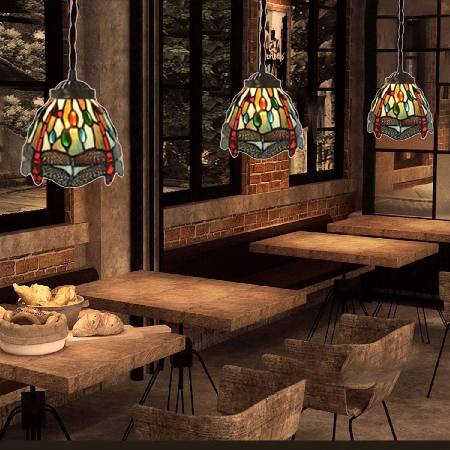 چراغ آویز طرح تیفانی با عرض 7 اینچ، مدل آویز سنجاقک چراغ آویز شیشه ای رنگی دکوراتیو، روشنایی سقفی با طراحی وینتج برای اتاق نشیمن، اتاق غذاخوری، راهرو، بالکن، سرپیچ E27