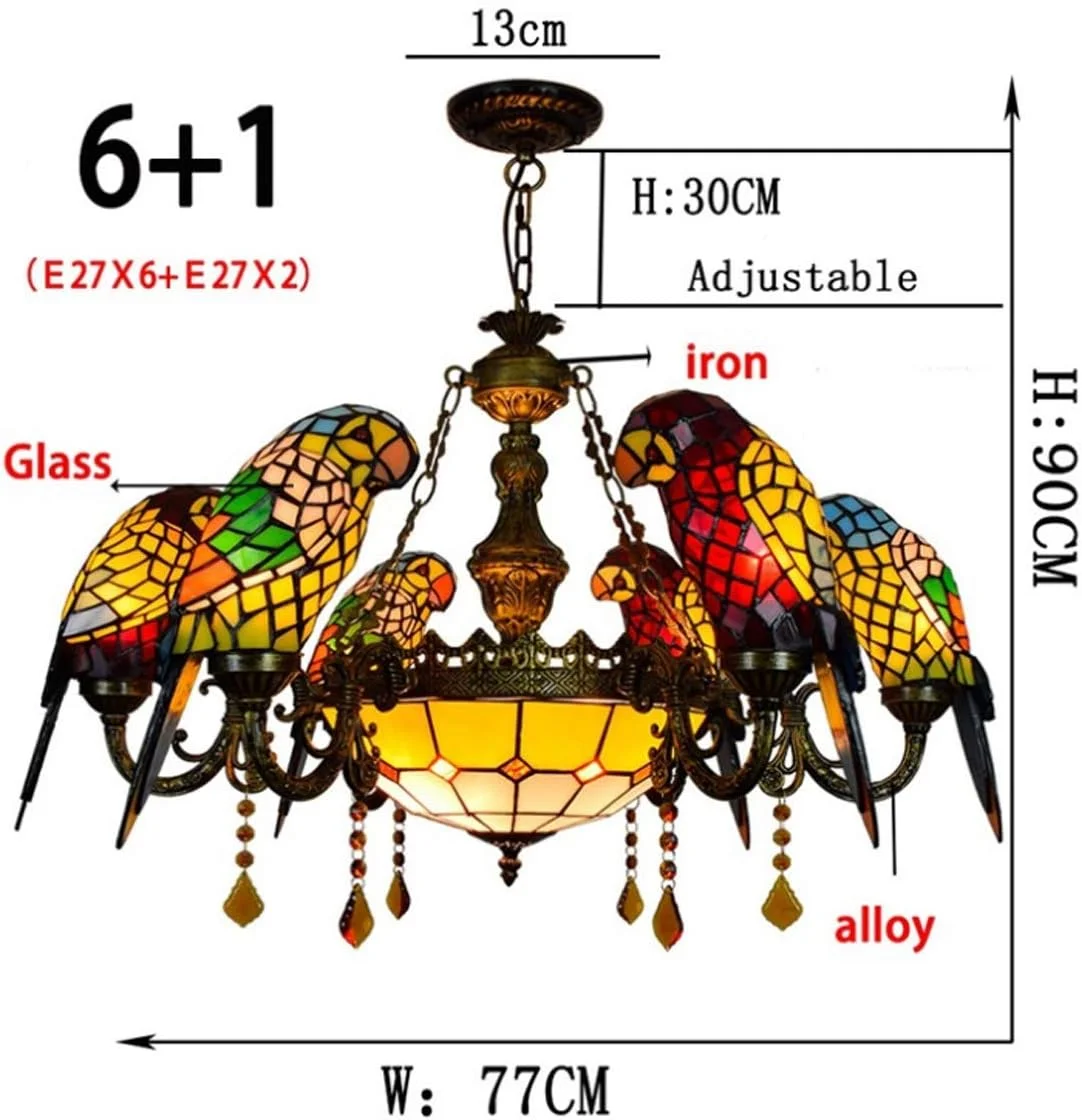لوستر طوطی 6 شاخه شیشه ای رنگی به سبک تیفانی پاستورال با آویز سقفی معکوس 12 اینچی برای اتاق نشیمن