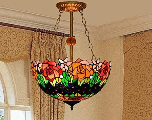 لوستر آویز سبک تیفانی طرح گل رز قرمز 16 اینچی، مناسب اتاق نشیمن، رستوران، ایوان، راهرو و بالکن
