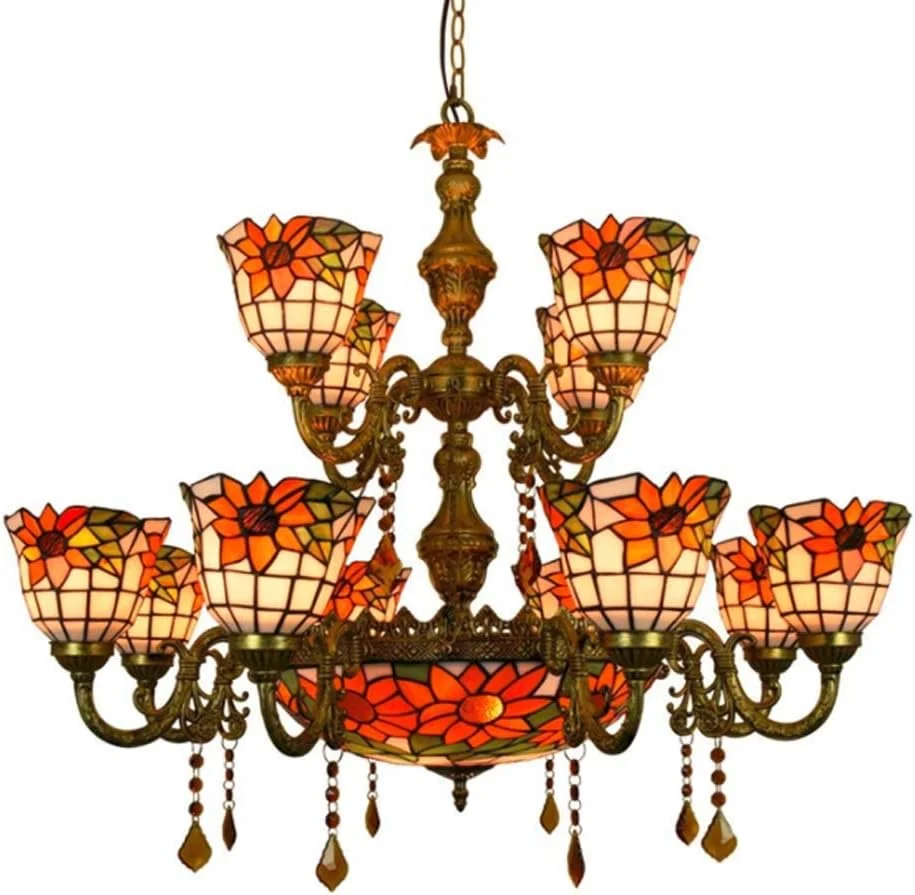 لوستر آویز طرح آفتابگردان به سبک تیفانی با شیشه رنگی 6 اینچی، مناسب اتاق نشیمن، اتاق خواب، هتل، سرپیچ E27، 40 وات