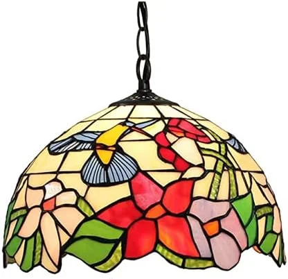 چراغ آویز تیفانی طرح روستایی، چراغ آویز سقفی شیشه ای رنگی وینتیج، لوستر آباژور E27 برای روشنایی اتاق خواب، اتاق نشیمن، جزیره آشپزخانه
